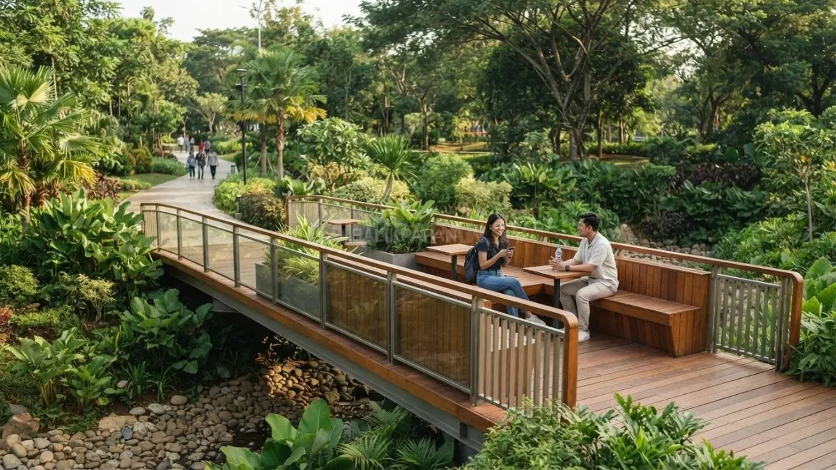 Jembatan dengan area duduk menciptakan ruang sosial baru untuk beristirahat, berbincang, dan menikmati kota. (BTV/Ai)