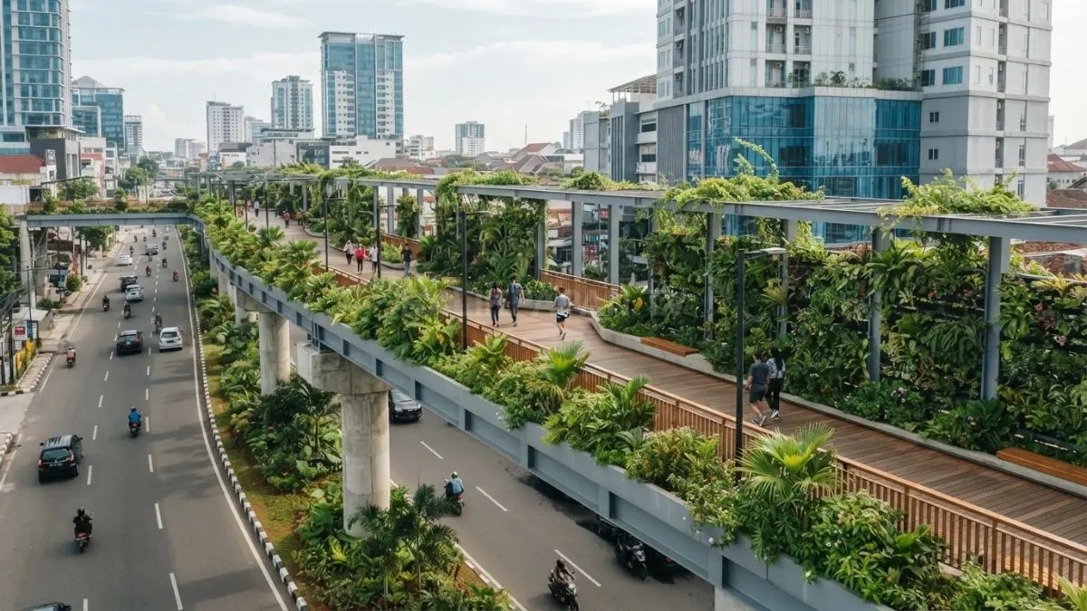 Jembatan dengan kebun kecil menghadirkan ruang hijau baru yang menyatu dengan perjalanan warga kota. (BTV/Ai)