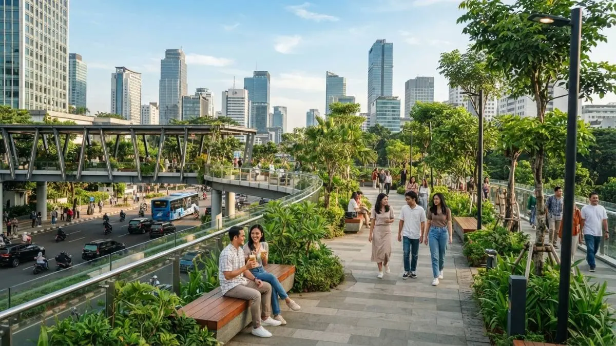 Jembatan modern dengan taman hijau mengubah infrastruktur menjadi ruang publik nyaman untuk beraktivitas. (BTV/Ai)