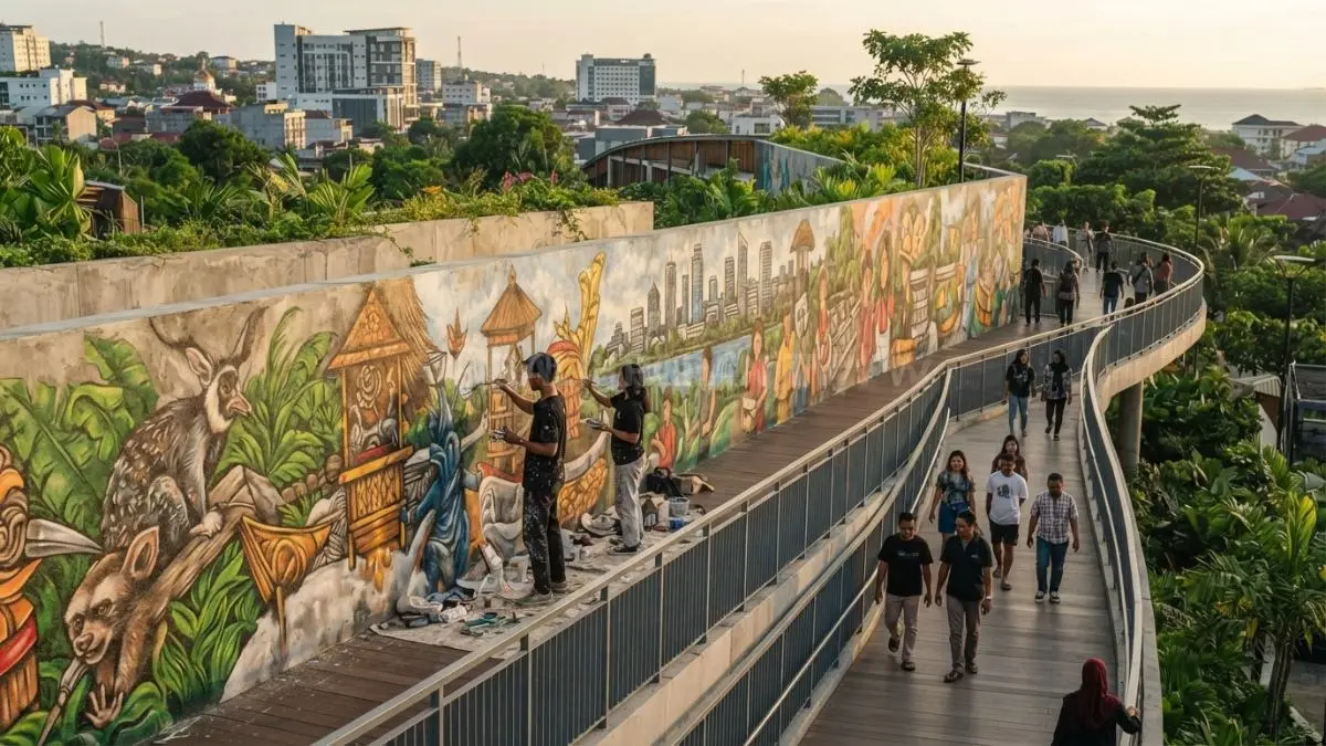 Jembatan sebagai ruang seni terbuka menghadirkan kreativitas warga melalui mural, cahaya, dan karya visual. (BTV/Ai)