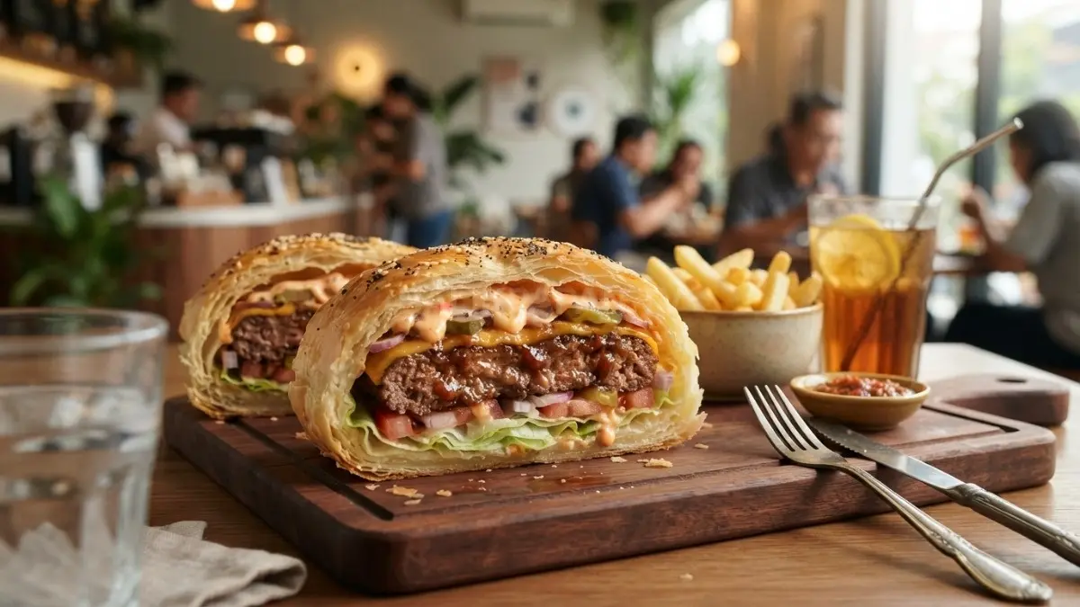 Kapali Burger yang dibelah untuk memperlihatkan daging dan isian di dalam roti tertutup. (BTV/AI)