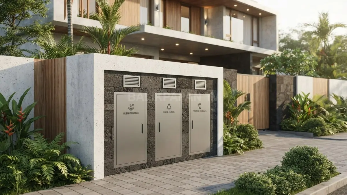Kompartemen tempat sampah terintegrasi pada dinding pagar rumah modern dengan tiga bak pemilahan. (BTV/Ai)