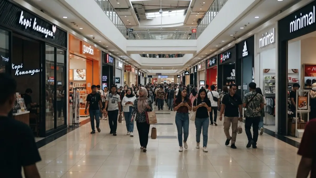 Koridor plaza dengan desain kurang efektif membuat pengunjung melewati banyak tenant tanpa berhenti sejenak nyaman (BTV/AI)