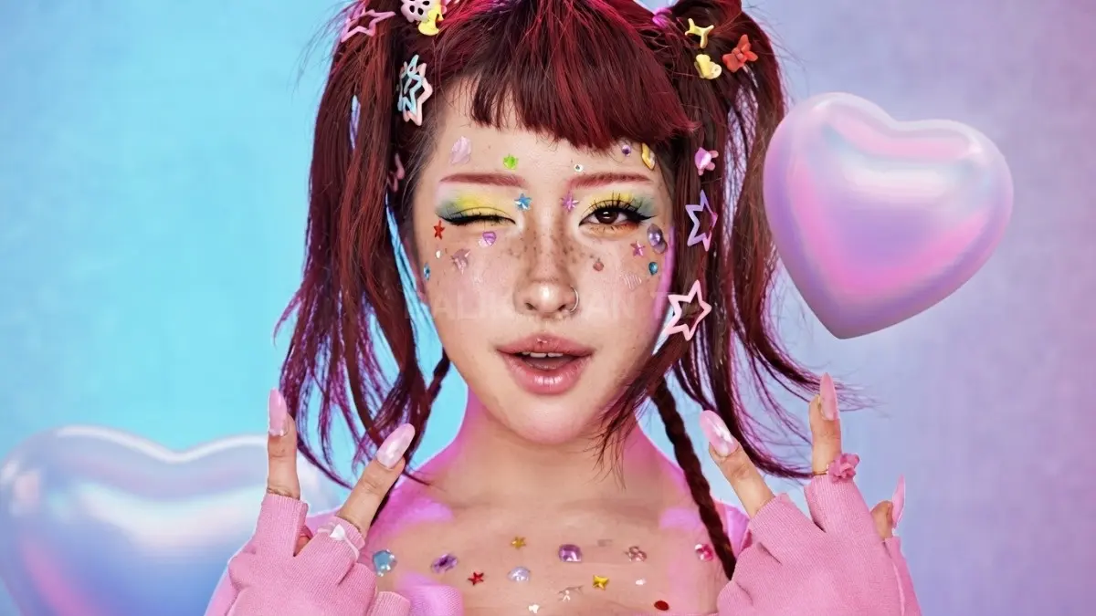 Naykilla tampil dengan makeup colorful dan face gems dalam video musik MMG (My Mine Gueh). (BTV/AI)
