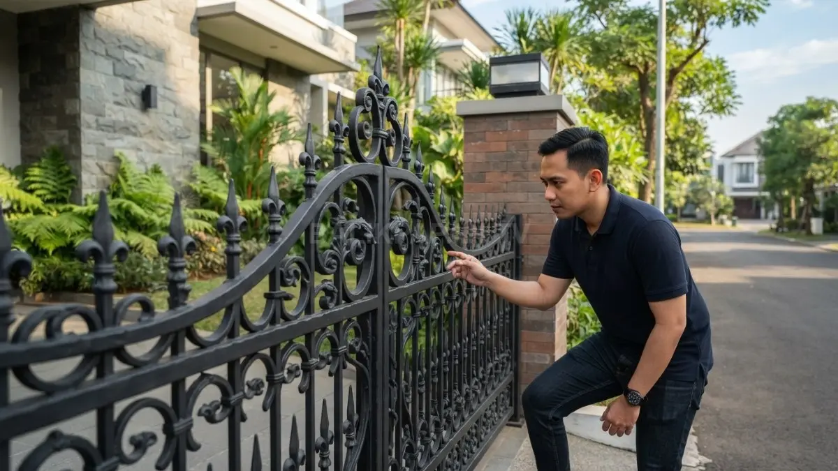 Pagar bergaya Gothic Eropa memperkuat karakter fasad rumah melalui detail besi tempa yang elegan dan artistik. (BTV/AI)