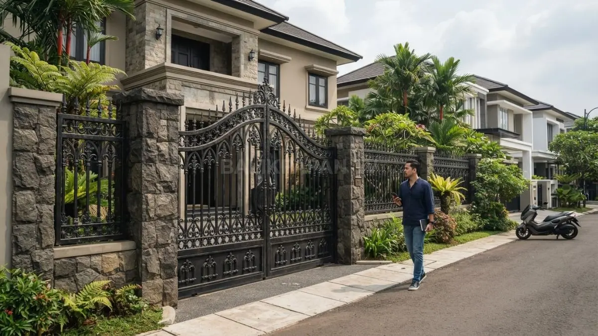 Pagar Gothic berpilar batu alam menghadirkan fasad rumah klasik modern yang kokoh, elegan, dan berkarakter kuat. (BTV/AI)