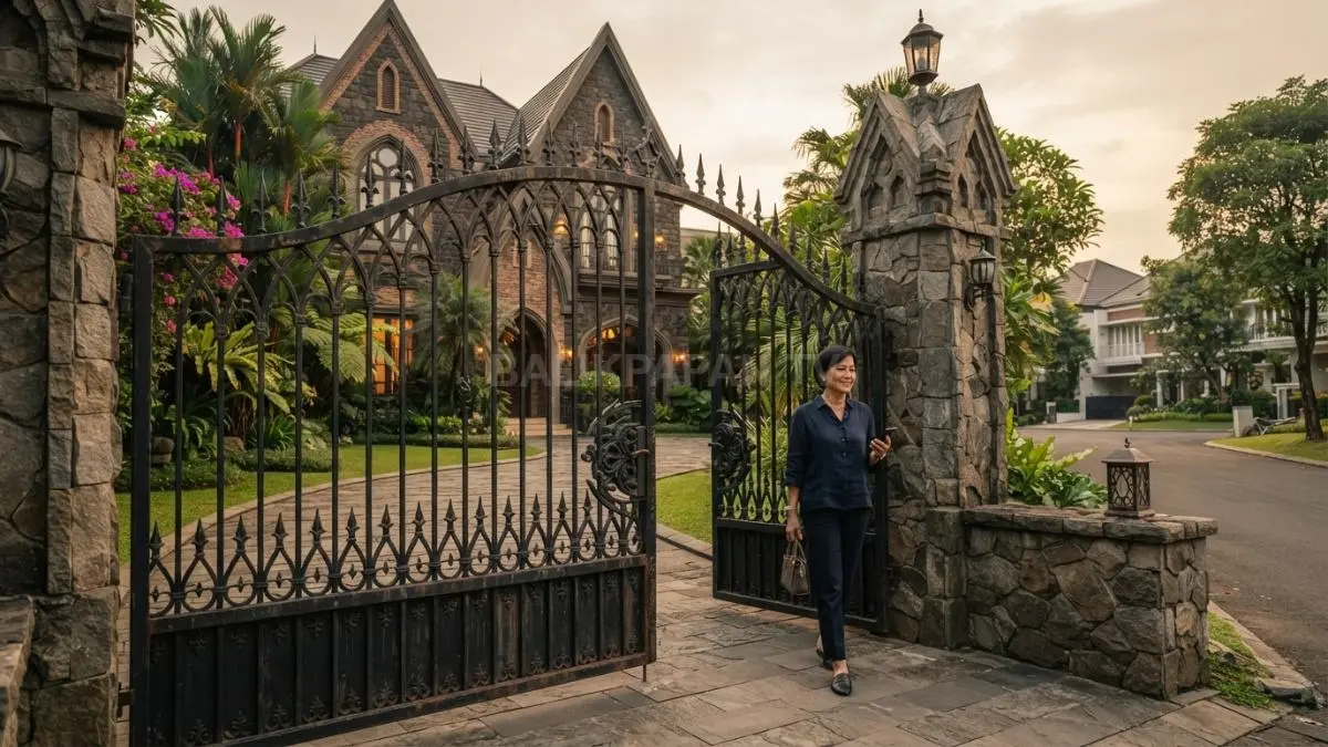 Pagar Gothic Eropa bergaya kastel menghadirkan fasad rumah megah, kokoh, elegan, dan berkarakter klasik sepanjang masa. (BTV/AI)