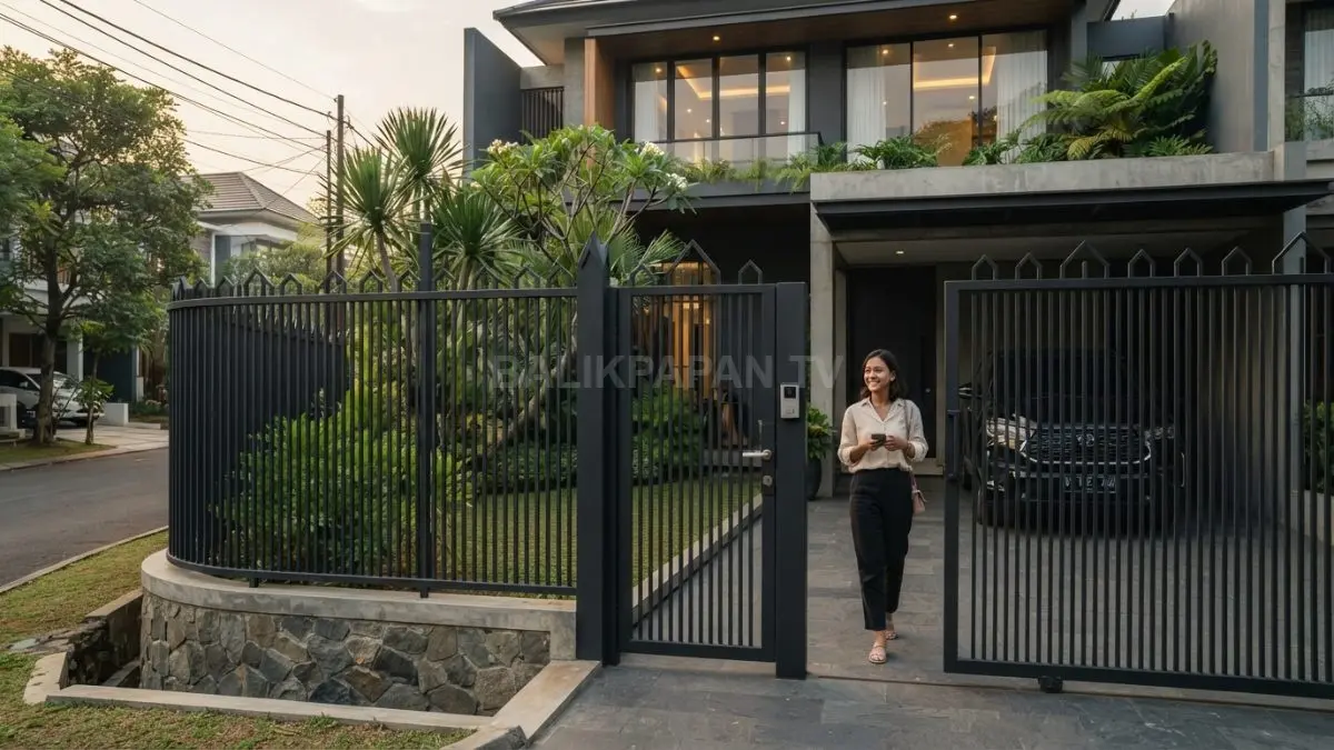 Pagar Gothic Eropa bergaya modern minimalis memperkuat karakter fasad rumah dengan tampilan elegan dan berkelas eksklusif. (BTV/AI)