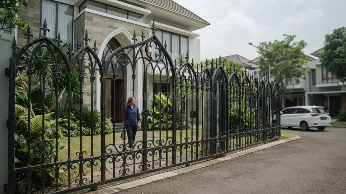 Pagar Gothic pointed arch menghadirkan fasad rumah megah dengan karakter klasik Eropa yang elegan dan berwibawa. (BTV/AI)