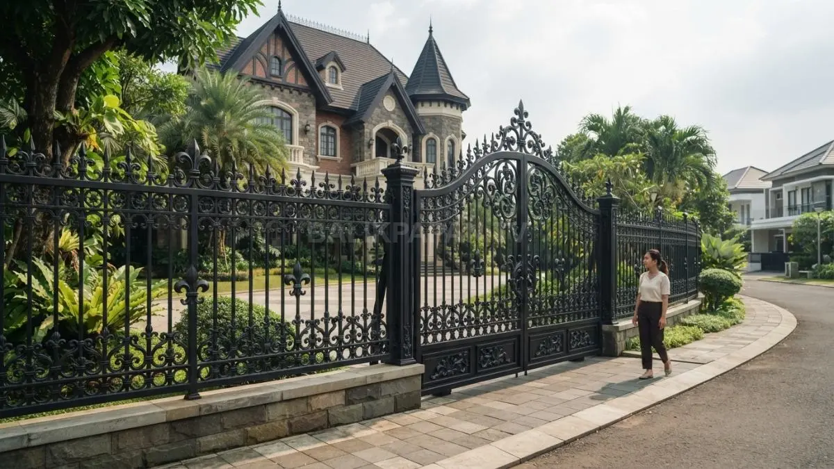 Pagar Victorian Gothic menghadirkan ornamen elegan yang memperkuat karakter fasad rumah bergaya Eropa klasik. (BTV/AI)