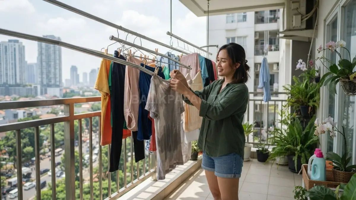 Pakaian yang sedang dijemur di area dengan sirkulasi udara baik sebagai ilustrasi cara mengurangi kelembapan dan bau pada pakaian. (BTV/AI)