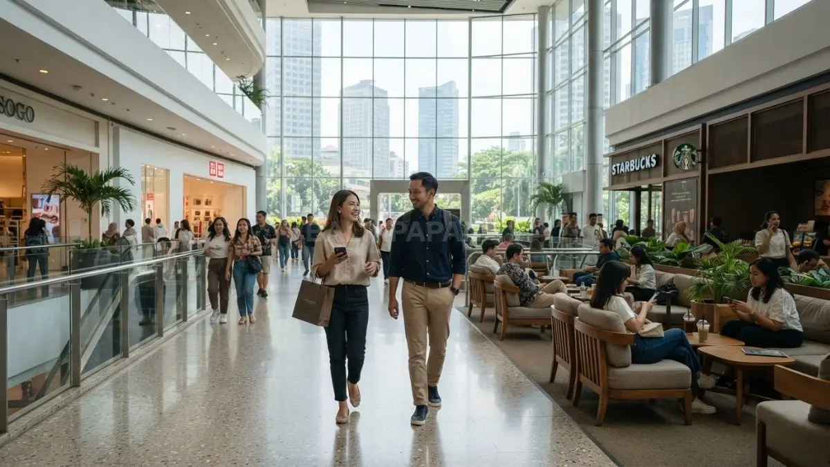 Pengunjung berjalan di koridor plaza modern dengan pencahayaan alami dan area duduk yang nyaman. (BTV/AI)