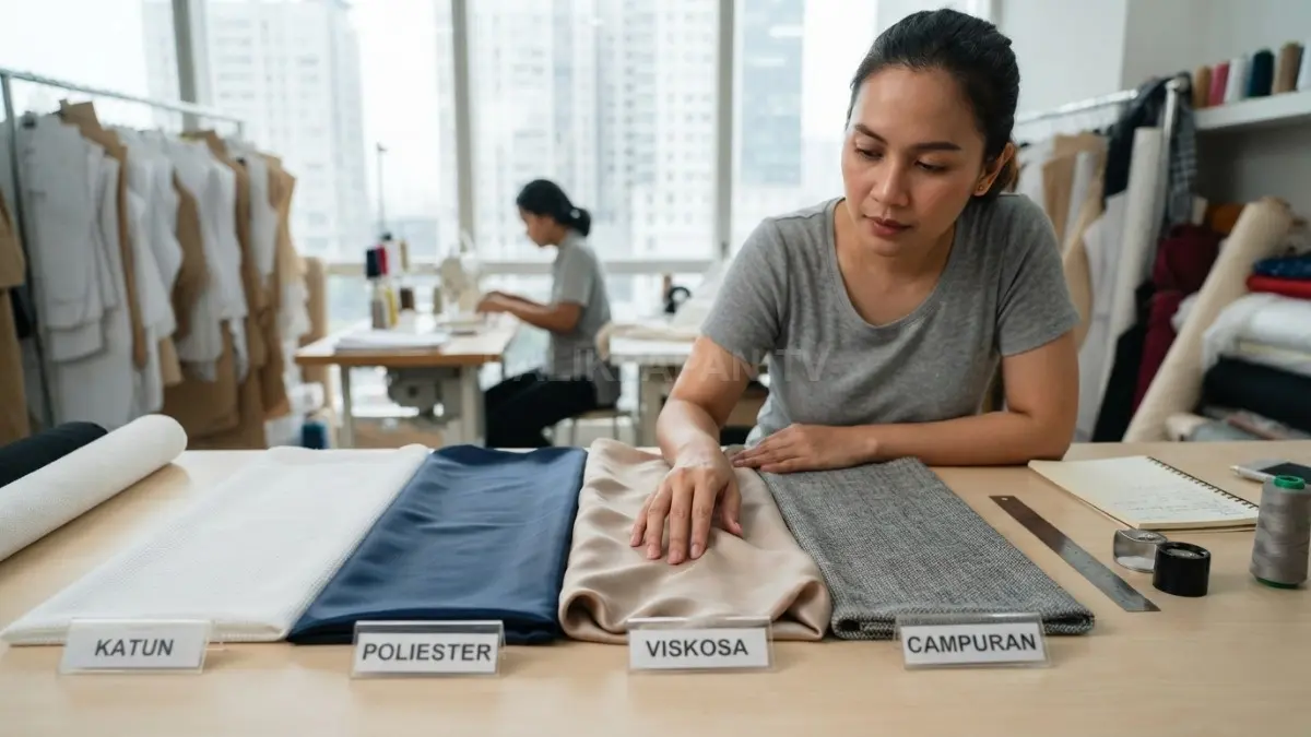 Perbandingan beberapa jenis kain seperti katun, polyester, viscose, dan kain campuran untuk menunjukkan perbedaan karakter material pakaian. (BTV/AI)