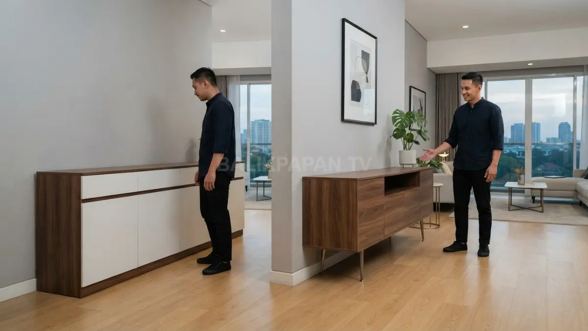 Perbandingan kabinet berkaki tinggi dan model menempel lantai menunjukkan perbedaan persepsi luas ruangan. (BTV/AI)