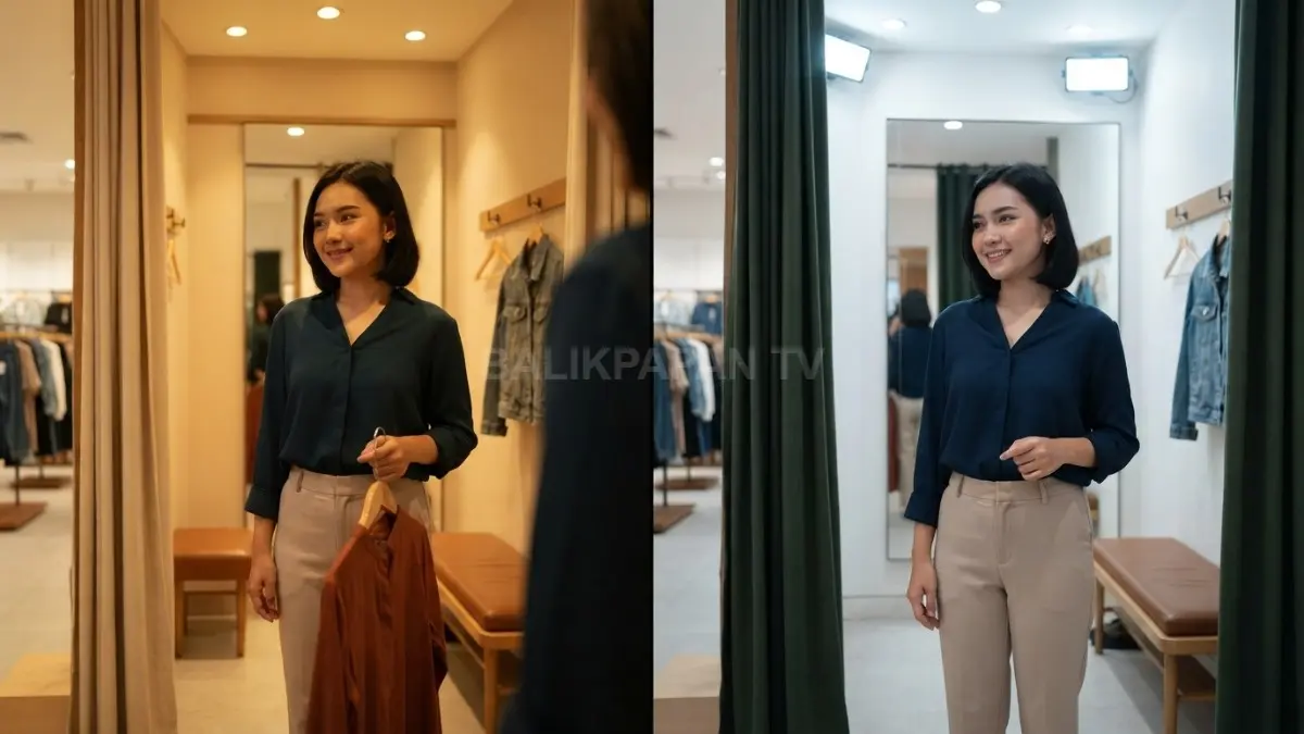 Perbandingan pencahayaan hangat dan netral menunjukkan perubahan tampilan warna pakaian pada area ruang ganti modern. (BTV/AI)