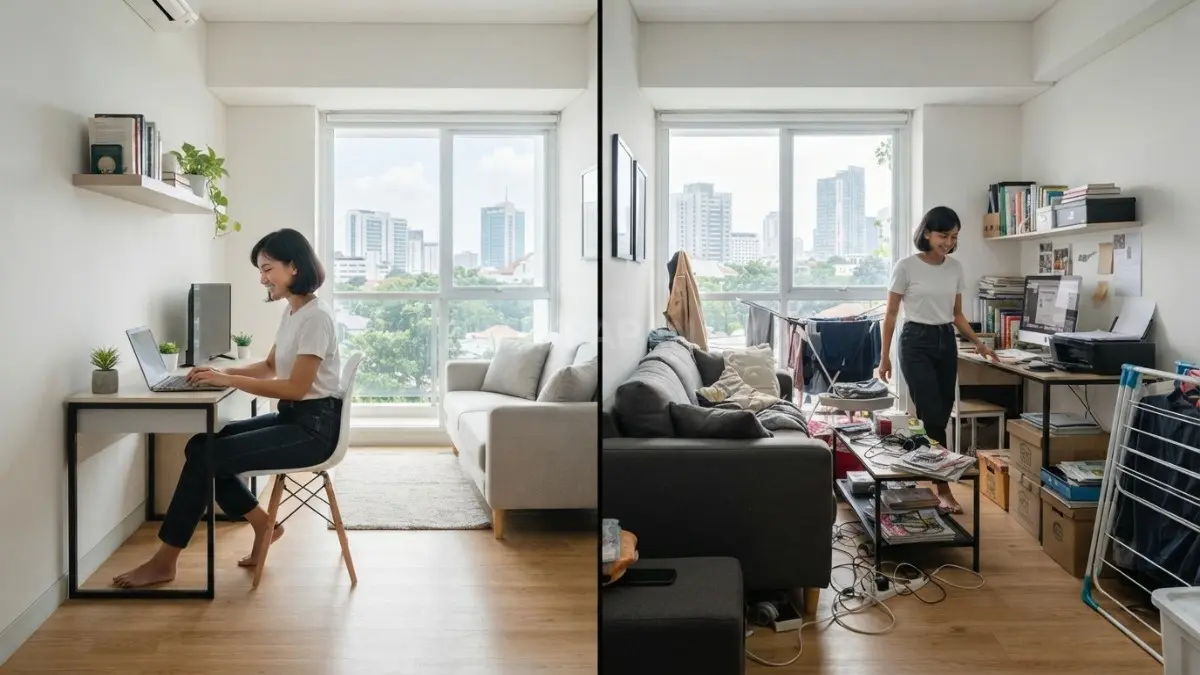 Perbandingan ruangan bercat putih dengan penataan furnitur berbeda yang menghasilkan persepsi ruang berlainan. (BTV/AI)
