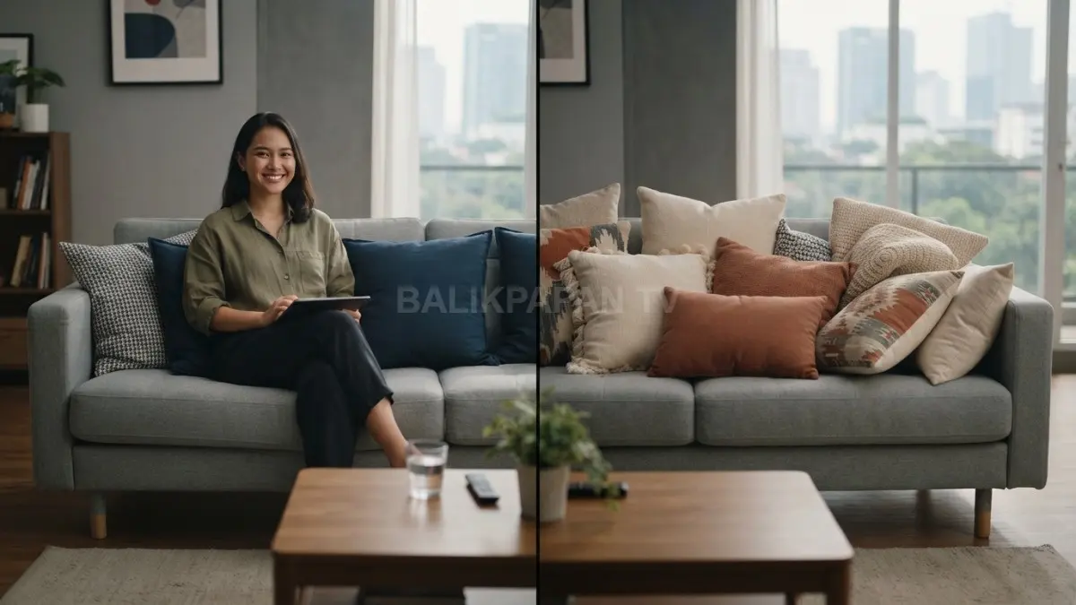 Perbandingan sofa dengan sedikit dan banyak bantal menunjukkan perbedaan area duduk yang tersedia. (BTV/AI)