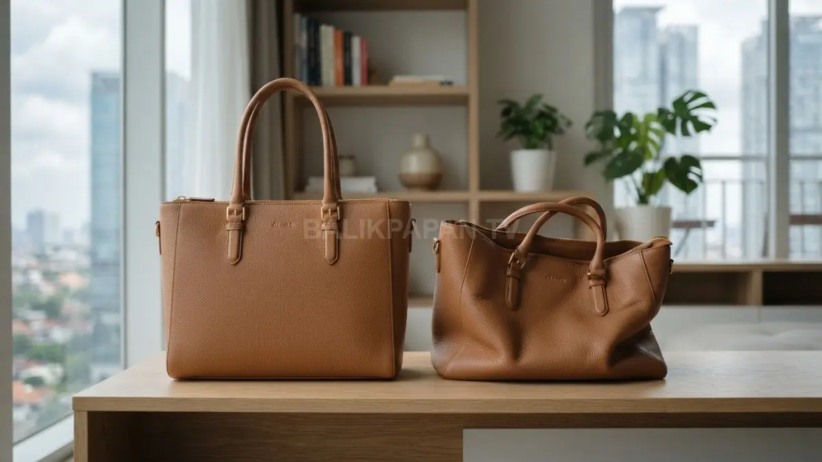 Perbandingan tas yang bentuknya masih kokoh dengan tas yang melengkung akibat penyimpanan yang kurang tepat. (BTV/AI)