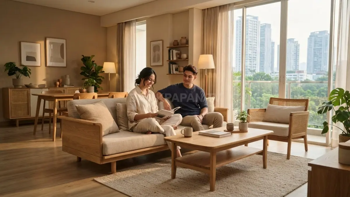 Ruang keluarga bergaya Japandi dengan dominasi furnitur kayu menghadirkan suasana hangat dan berkelas. (BTV/AI)