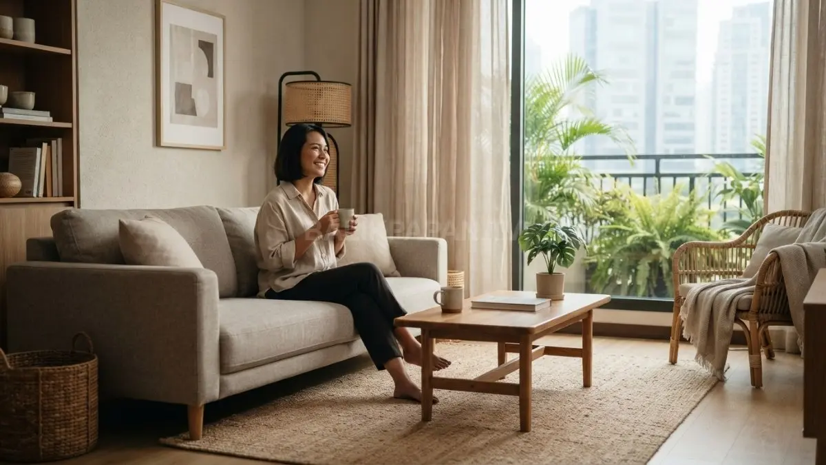 Ruang minimalis dengan perpaduan sofa kain, karpet netral, meja kayu, tirai linen, dan aksen rotan yang menunjukkan keseimbangan material keras dan lembut. (BTV/AI)