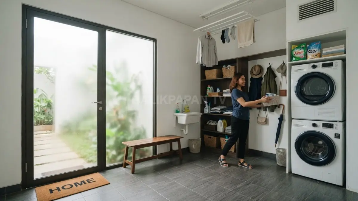 Ruang transisi minimalis yang menghubungkan pintu luar dengan laundry, dilengkapi lantai tahan air, ventilasi, rak terbuka, gantungan, dan area pengeringan. (BTV/AI)