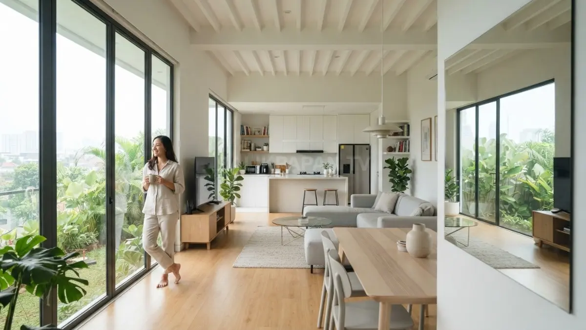 Rumah modern memanfaatkan cahaya alami, cermin, dan furnitur minimalis untuk menciptakan ilusi ruang lebih luas. (BTV/AI)