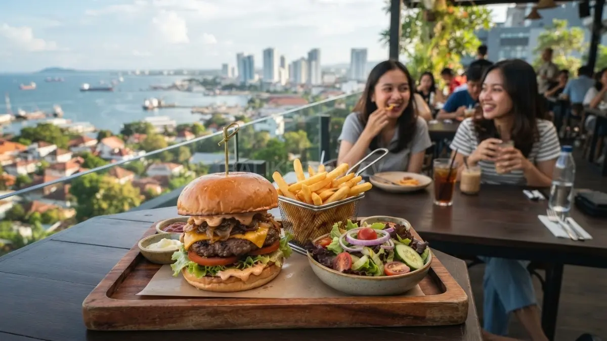Sajian Kapali Burger bersama kentang goreng dan salad sebagai menu kuliner modern di Balikpapan. taro mana (BTV/AI)
