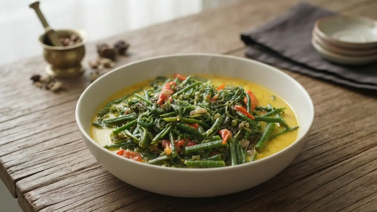 Semangkuk Gulai Pakis Tapa dengan kuah kuning, pucuk pakis hijau, dan rempah khas Kalimantan di atas meja kayu. (BTV/Ai)
