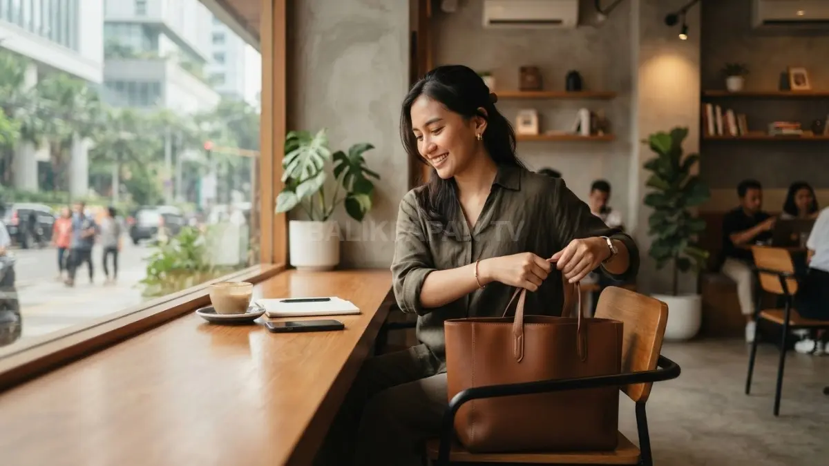 Seorang perempuan meletakkan tas kulit di sandaran kursi kafe dengan latar ruang bergaya minimalis. (BTV/AI)