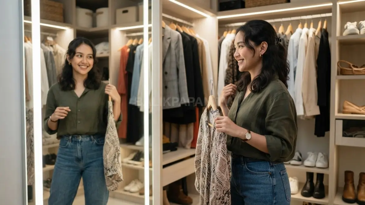 Seorang perempuan memilih outfit di depan cermin dengan pencahayaan LED netral yang menampilkan warna pakaian lebih akurat. (BTV/AI)