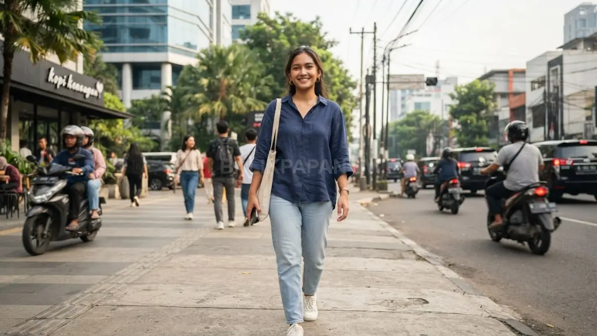 Seseorang mengenakan pakaian kasual berbahan ringan di cuaca tropis, dengan tampilan nyaman dan tidak terlihat terlalu berlapis. (BTV/AI)