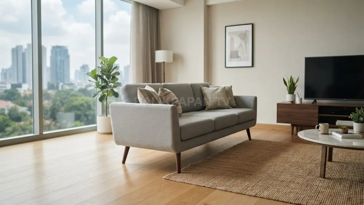 Sofa berkaki ramping pada ruang tamu minimalis menciptakan kesan lapang melalui area lantai yang tetap terlihat. (BTV/AI)