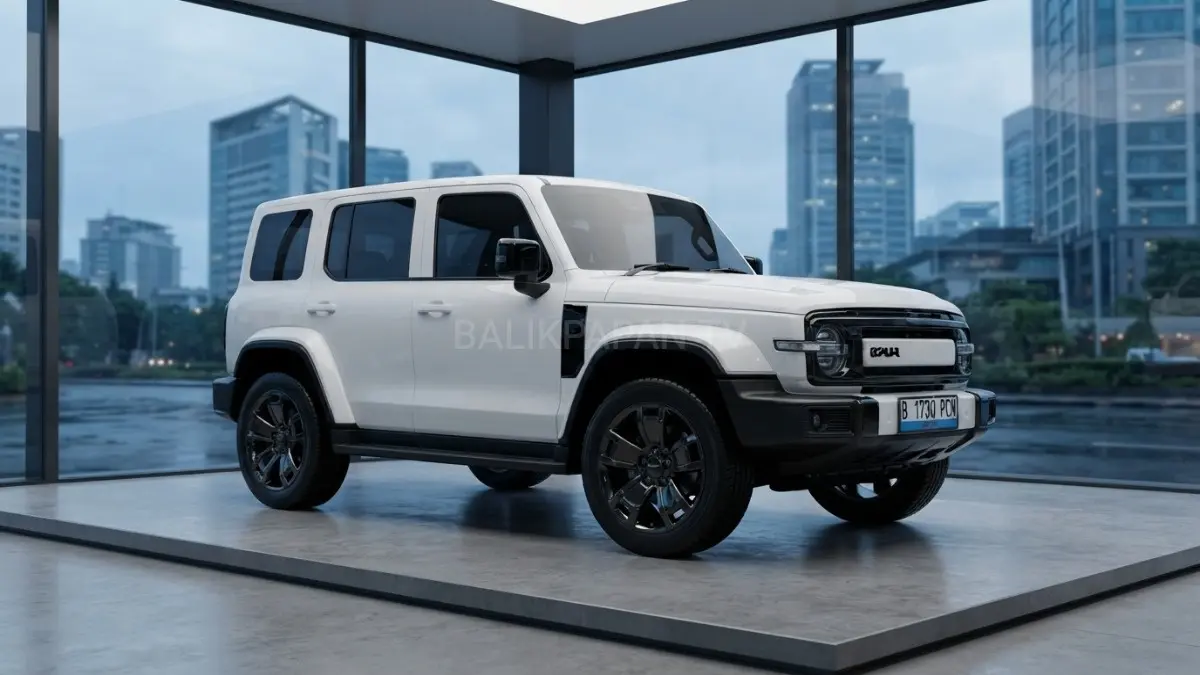 Tampilan depan mobil listrik iCar V23 Z iWD berwarna putih memamerkan desain gagah khas SUV offroad. (BTV/AI) 