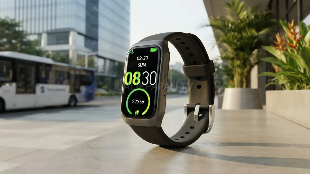 Tampilan depan smartband Advan Fit Band dengan layar TFT 1,45 inci yang cerah. (BTV/AI) 
