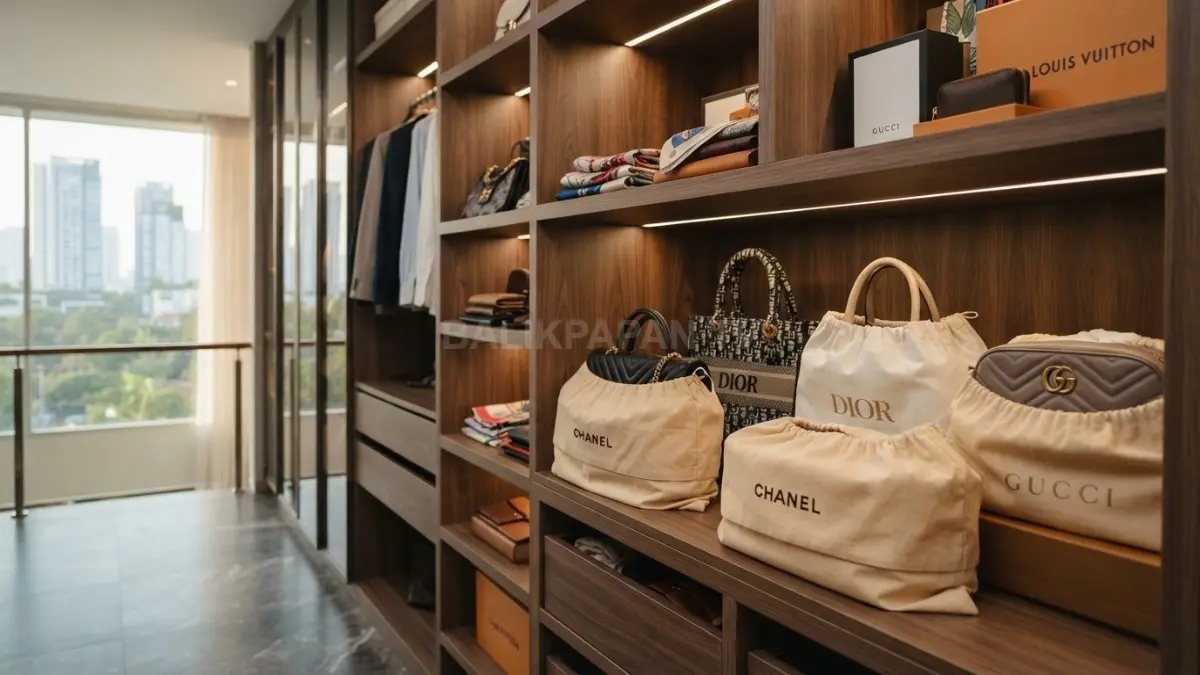 Tas tangan disimpan rapi di rak menggunakan dust bag dan pengisi bagian dalam untuk menjaga bentuknya. (BTV/AI)