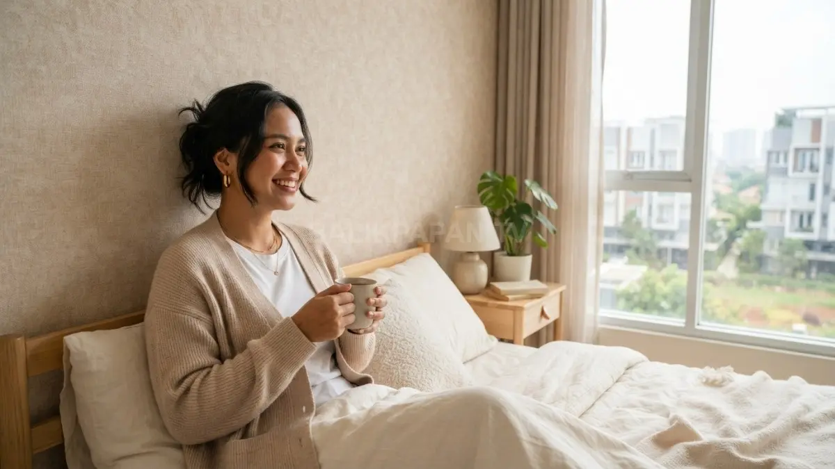 Wallpaper beige lembut menghadirkan suasana kamar hangat, tenang, nyaman, dan mencerminkan karakter pribadi yang sederhana. (BTV/AI)