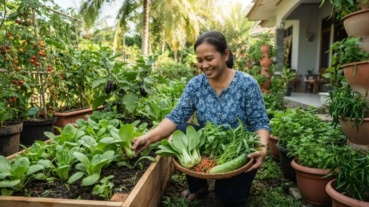 Warga merawat tanaman sayuran hijau dalam pot di pekarangan rumah untuk kebutuhan dapur sehari-hari [BTV:AI]