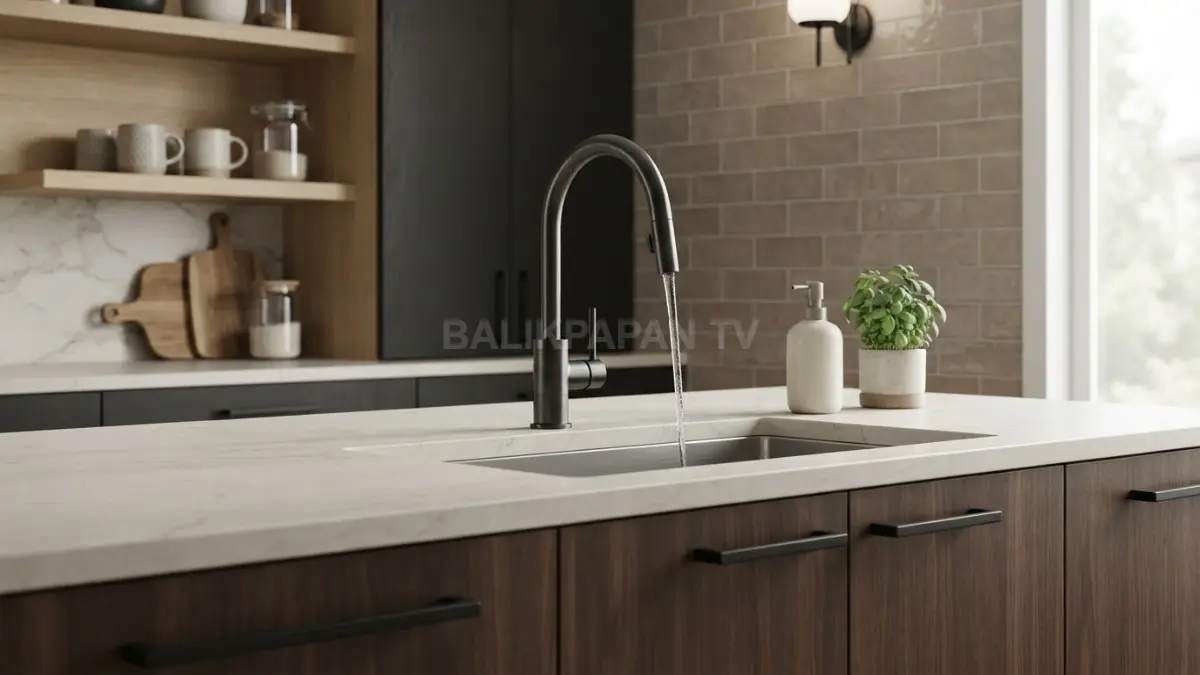 Aksen logam matte memperkuat kesan mewah sederhana pada dapur dan kamar mandi tanpa renovasi besar mahal. (BTV/AI)