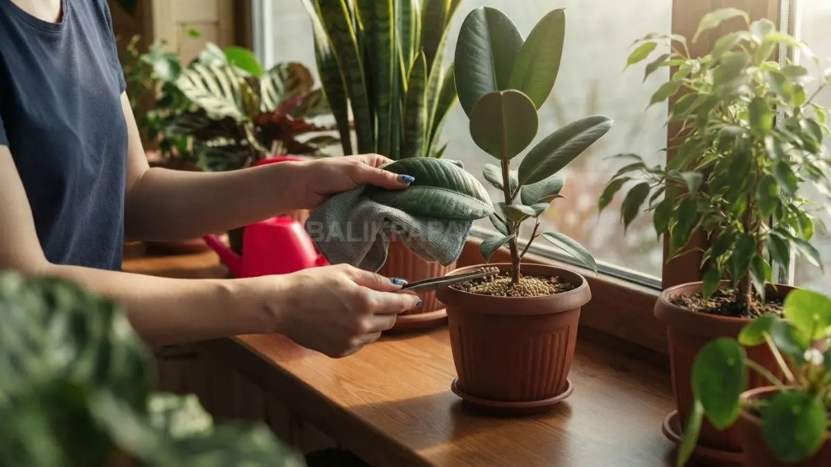 Aktivitas merawat tanaman hias dengan membersihkan daun dan memberikan pupuk secara tepat. (BTV/AI)