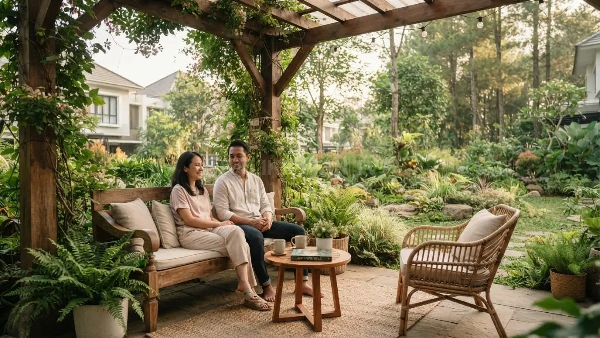 Area duduk menghadap taman menciptakan halaman bergaya Kanada yang nyaman, hangat, dan penuh ketenangan alami sehari-hari. (BTV/AI)