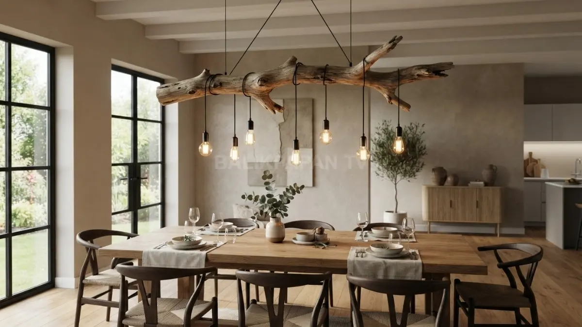 Batang kayu berbentuk alami unik menjadi pilihan ideal untuk pencahayaan meja makan yang estetis. (BTV/Ai)
