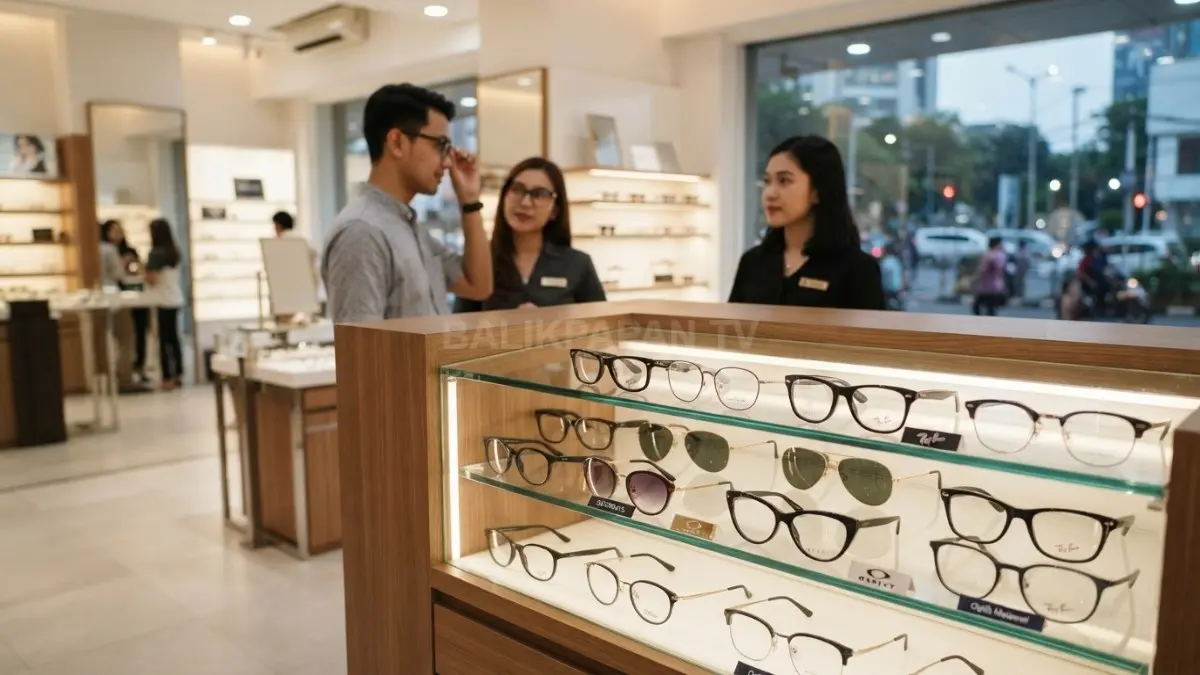 Beragam model frame seperti wayfarer, aviator, cat-eye, oval, dan square ditata di etalase toko optik. (BTV/AI)
