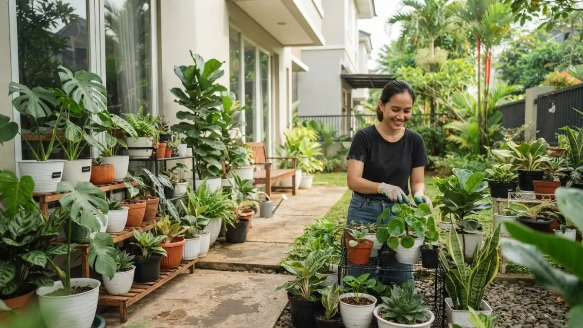 Berbagai jenis tanaman hias dalam pot di halaman rumah(BTV.AI)
