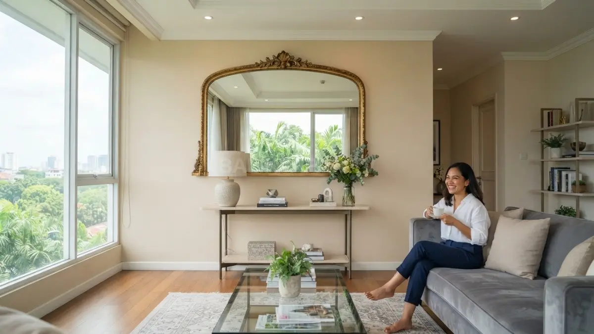 Cermin besar memperkuat kesan luas, terang, dan elegan dalam interior rumah bergaya Eropa yang klasik modern. (BTV/AI)
