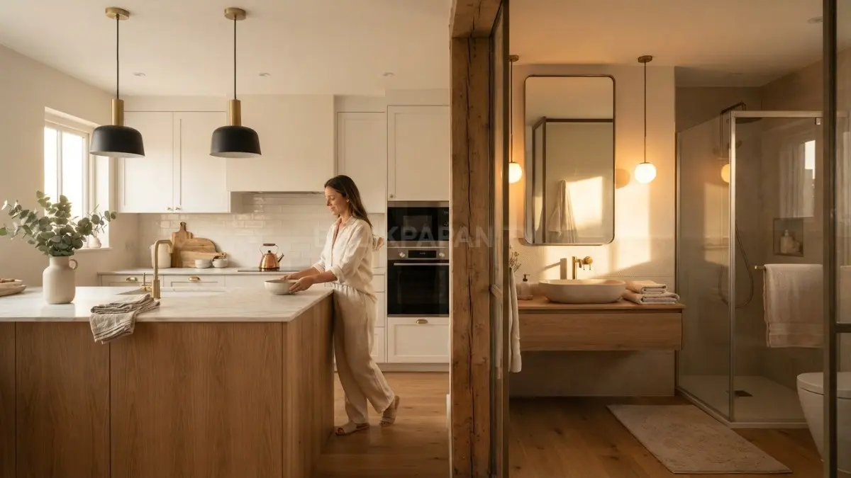 Dapur dan kamar mandi bergaya quiet luxury tampil mewah berkat pencahayaan lembut, cermin, dan desain minimalis. (BTV/AI)