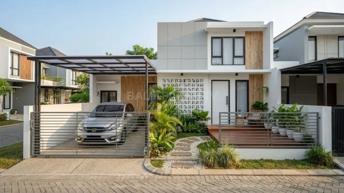 Fasad modern memadukan carport, teras, dan mini garden secara proporsional sehingga rumah tetap hijau, fungsional, serta nyaman. (BTV/AI)
