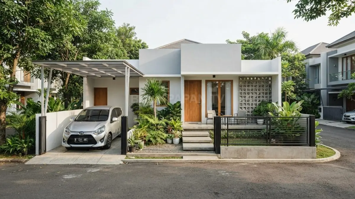 Fasad rumah tipe 18 bergaya minimalis modern dengan taman depan, dinding putih, aksen batu alam, dan teras mungil yang menyatu dengan ruang hijau. (BTV/AI)