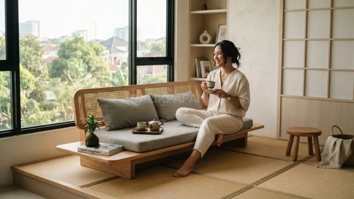 Gaya Jepang tradisional menghadirkan ruang tamu fungsional, nyaman, serta menonjolkan keseimbangan antara estetika dan kesederhanaan alami. (BTV/AI)