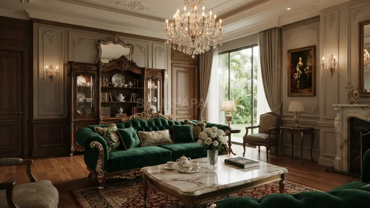 Gaya kerajaan Eropa menciptakan hunian mewah dengan ornamen klasik, pencahayaan elegan, dan proporsi ruang harmonis sempurna. (BTV/AI)