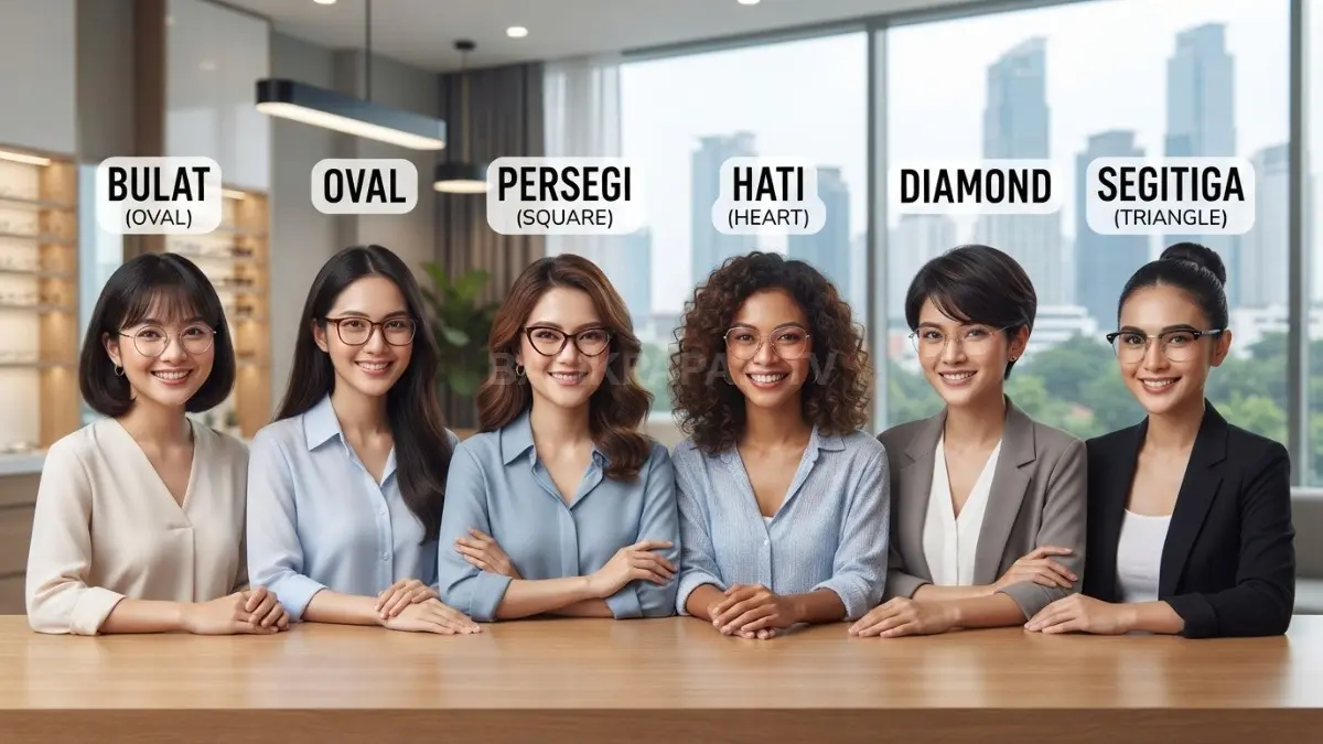 Ilustrasi enam bentuk wajah lengkap dengan rekomendasi model frame kacamata yang sesuai. (BTV/AI)